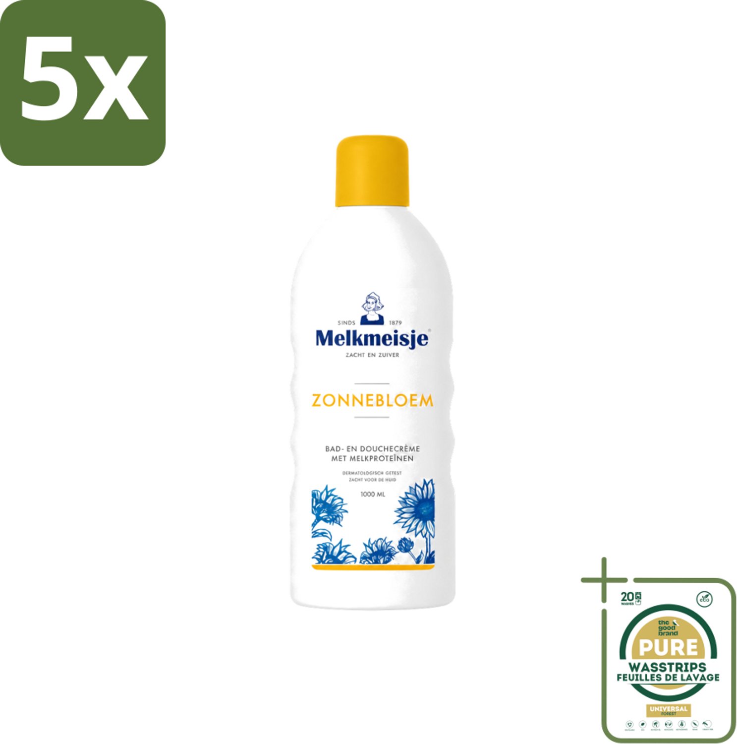 5 x Melkmeisje - Bad & Douche Zonnebloem - Romig Parfum - 1000 ml - Wasstrips - Douchecrème - Melkproteïnen - Zonnebloemextract - Huidverzorging - Fris Parfum