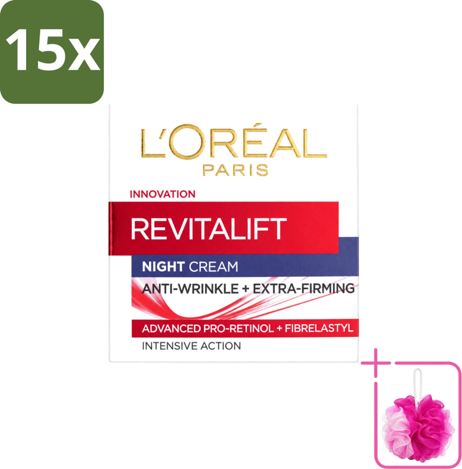 15 x L'Oréal Revitalift - Nachtcrème - Anti-Rimpel - Hydraterend en Verstevigend - 50 ml - Bulkverpakking - Anti-rimpel crème - Douchemop - Nachtcrème anti-aging