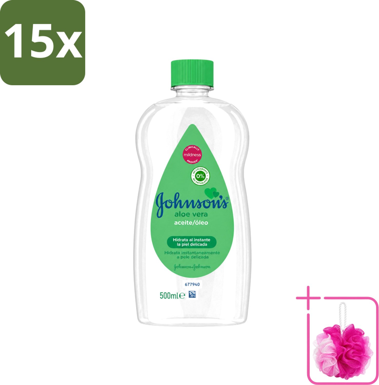 15 x Johnson's - Baby Olie - Aloe Vera - Hydrateerd Gevoelige Huid - 500 ml - Bulkverpakking - Babyolie - Douchemop - Aloe vera