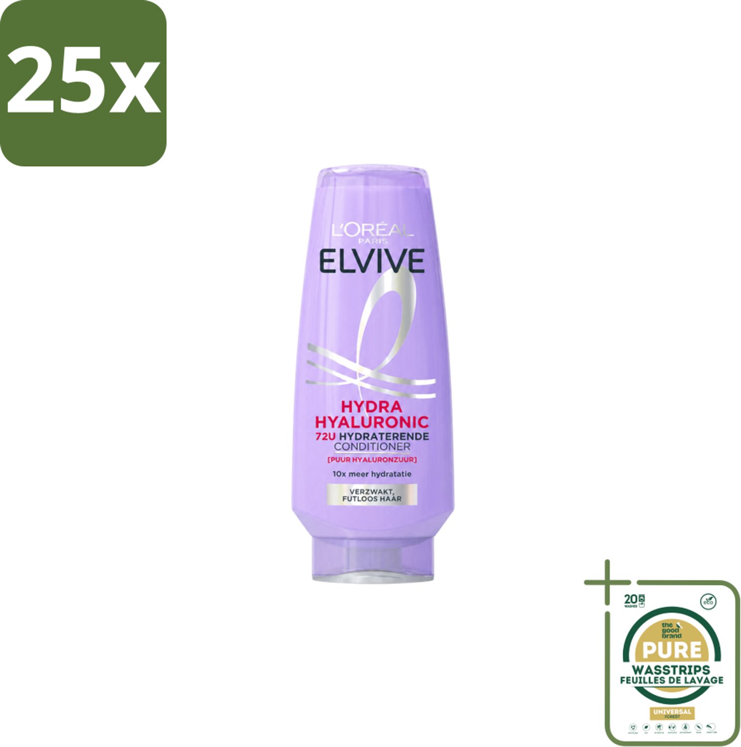 25 x L’Oréal Paris Elvive – Conditioner – Hydra Hyaluronic Hydraterend – 200 ml - Wasstrips - Hyaluronzuur Conditioner - Hydraterende Conditioner - Droog Haar - Uitdroging - Pluizen