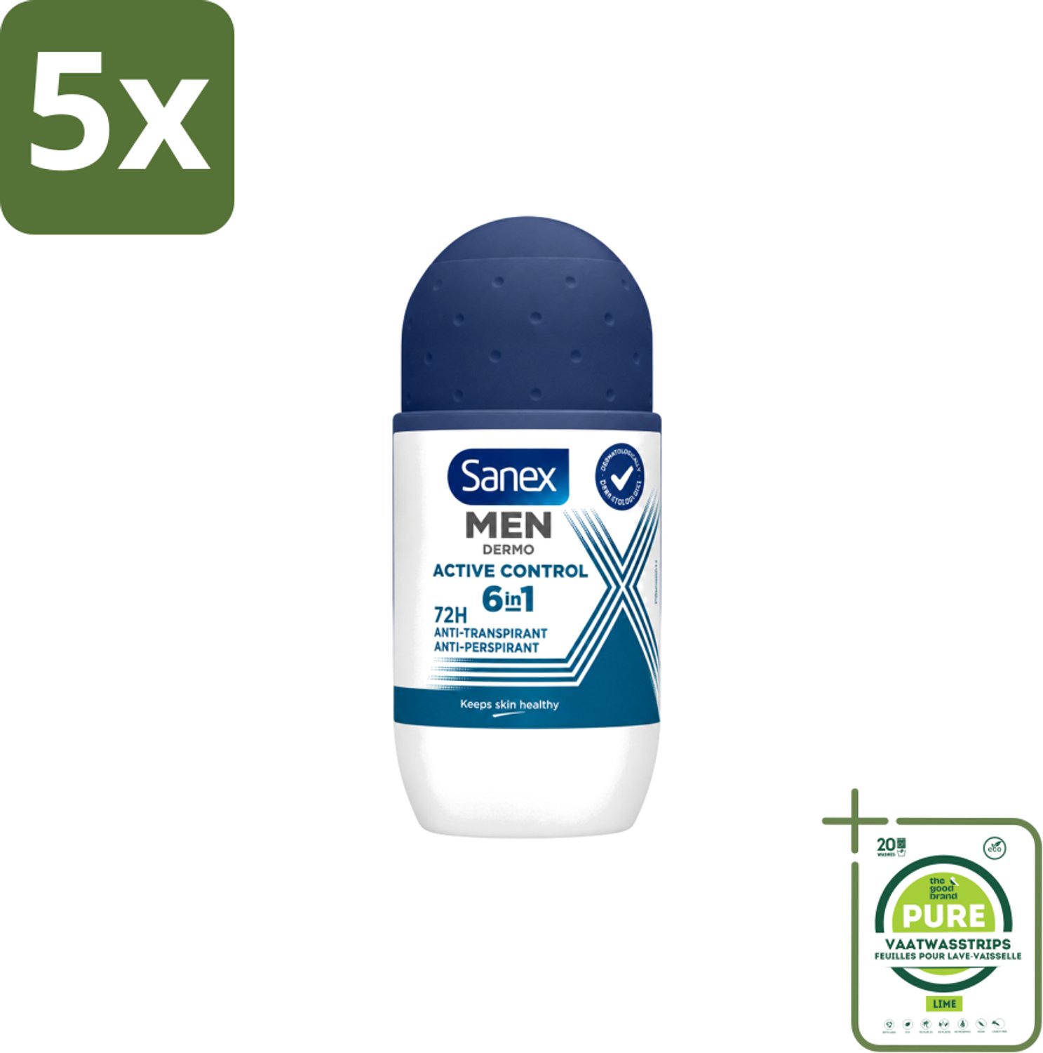 5 x Sanex Men – Deo Roll-on – Active Control – 53 ml - Grootverpakking - Vaatwasstrips - Deodorant Voor Mannen - Zweetbehandeling - Okselbescherming - Huidcomfort - Anti-irritatie