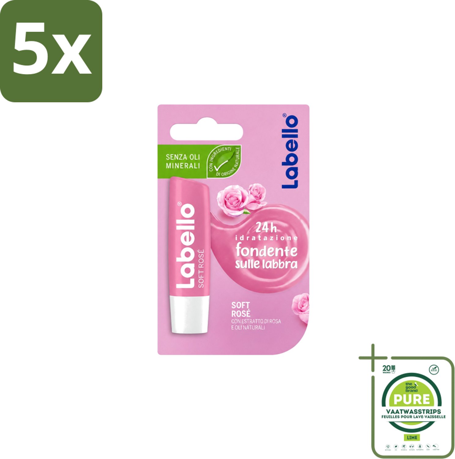 5 x Labello – Lippenbalsem – Soft Rosé - Grootverpakking - Vaatwasstrips - Lippenbalsem - Hydratatie - Rosé Lippen - Natuurlijke Glans - Verzorgde Lippen