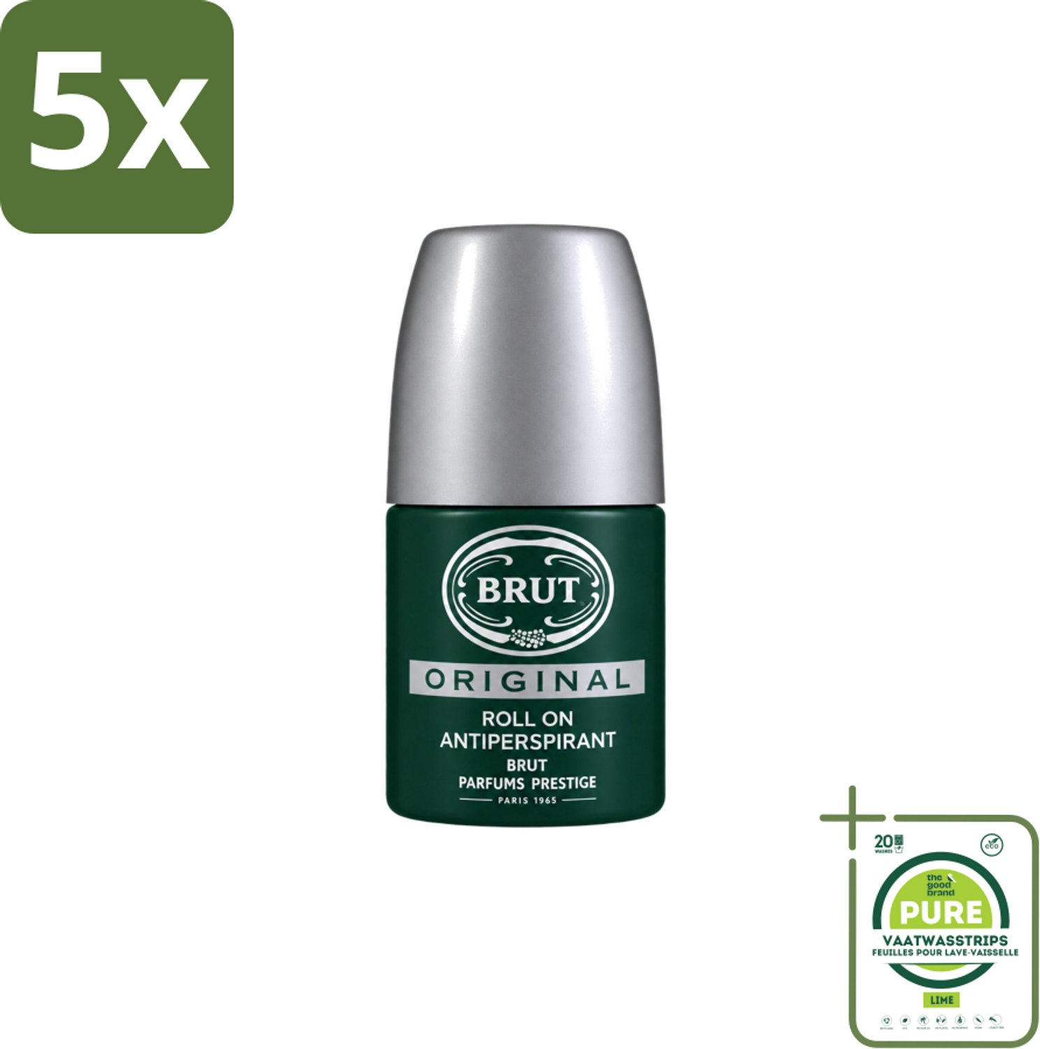 5 x Brut – Deodorant Roll-On – Original – Glas – 50 ml - Grootverpakking - Vaatwasstrips - Deodorant Voor Mannen - Zweetgeur Bestrijding - Fris Gevoel - Klassieke Geur - Roll-on Deodorant