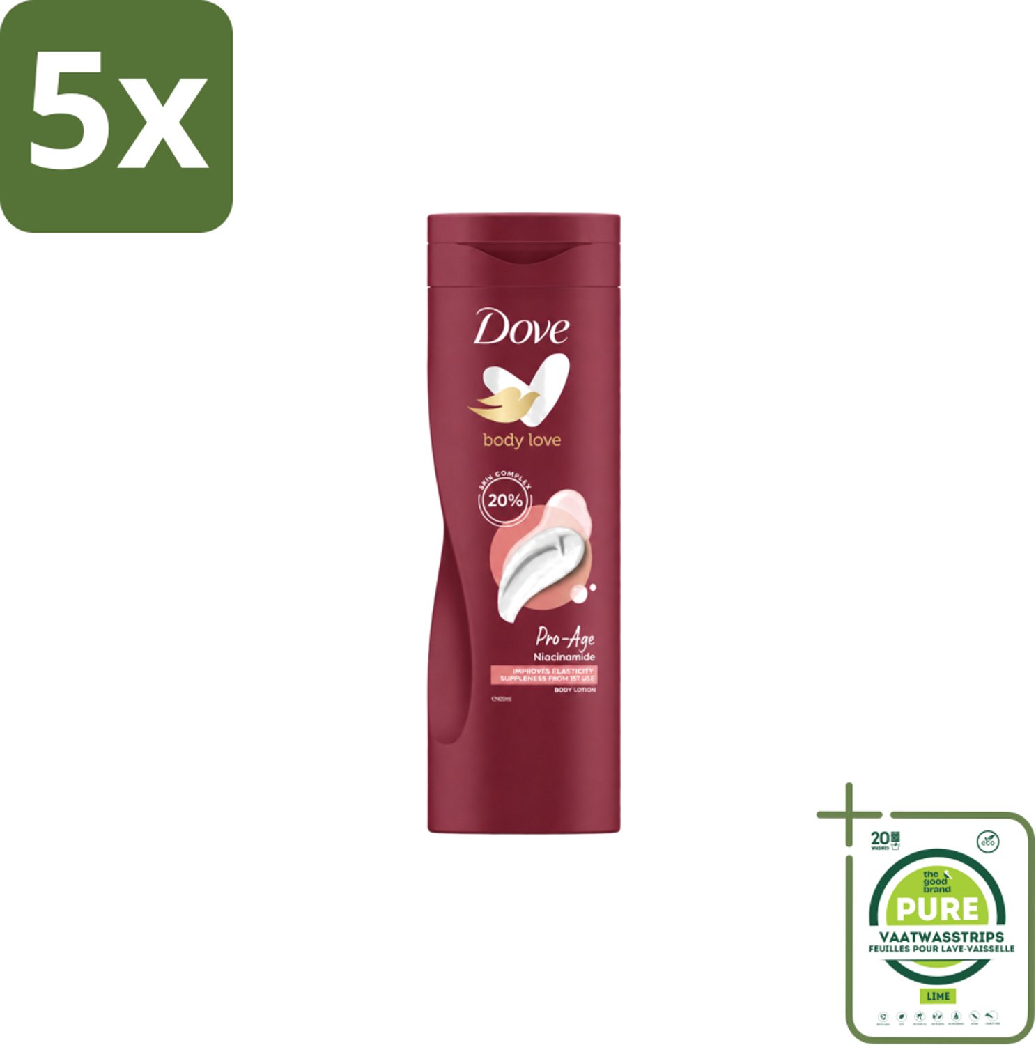 5 x Dove – Bodylotion – Body Love Pro Age – 400 ml - Grootverpakking - Vaatwasstrips - Hydratatie Huid - Bodylotion Voor Rijpere Huid - AHA Complex - Niacinamide - Huidverzorging
