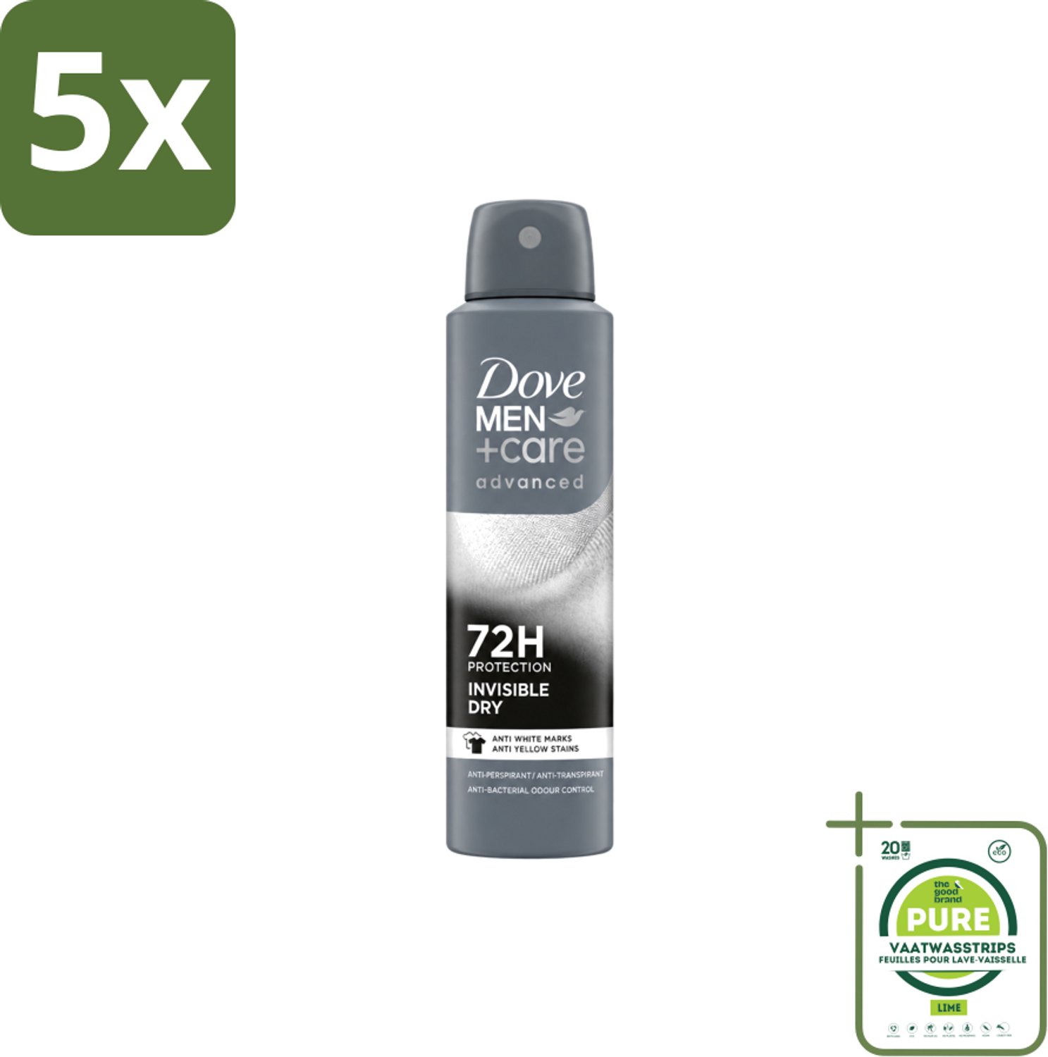 5 x Dove Men+Care – Deodorant Spray – Invisible Dry – 150 ml - Grootverpakking - Vaatwasstrips - Deodorant Spray Mannen - Transpiratiegeur - Okselgeur - Schone Kleding - Huidverzorging