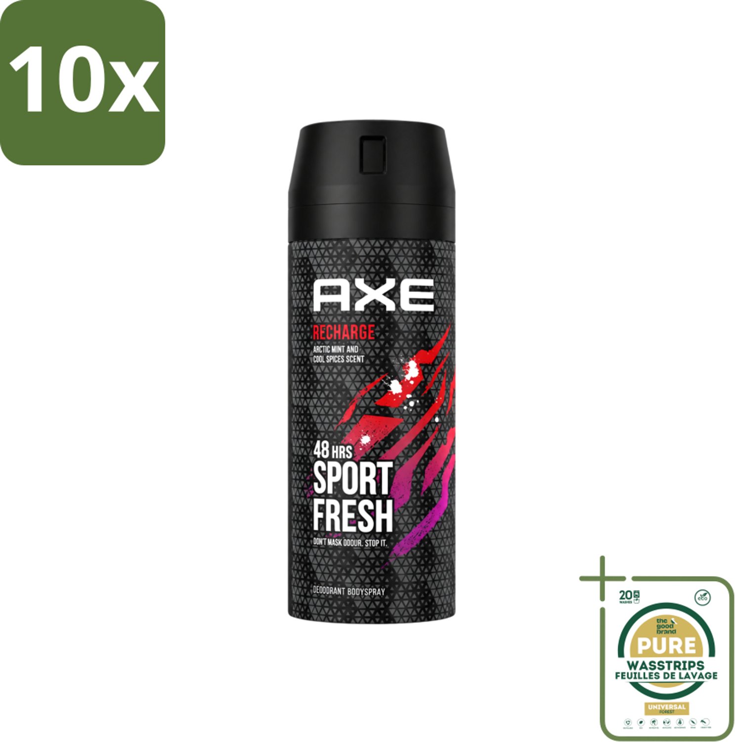 10 x Axe - Deodorant Bodyspray - 48hrs Sport Fresh - Recharge - Arctic Mint & Cool Spices - 150 ml - Wasstrips - Axe Deodorant - Sport Fresh - Deodorant Bodyspray - Axe Recharge - Axe Ice Chill
