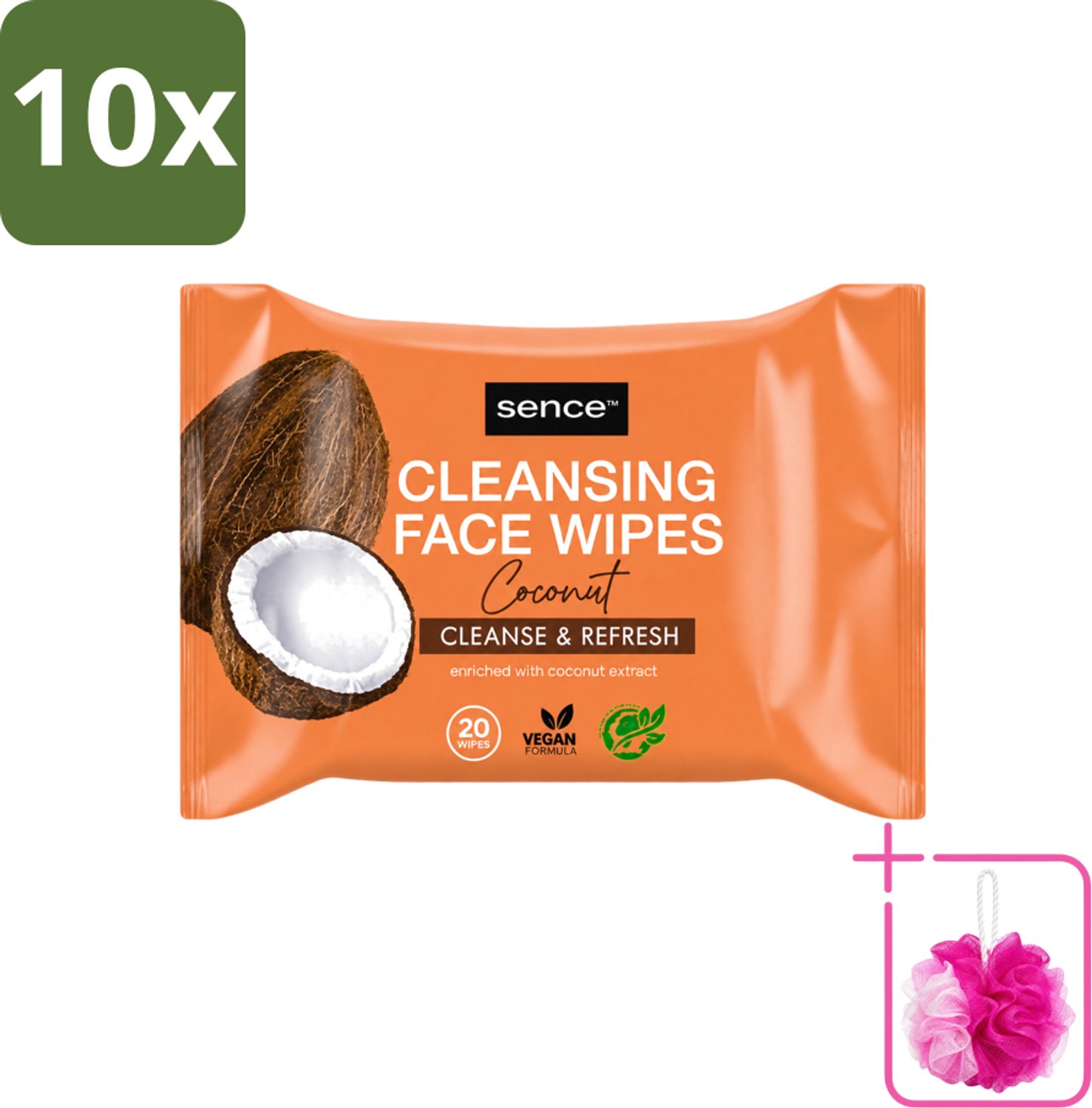 10 x Sence - Coconut - Gezichtsreinigingsdoekjes - Verzorgend - 20 Doekjes - Bulkverpakking - Gezichtsreinigingsdoekjes - Douchemop - Kokos