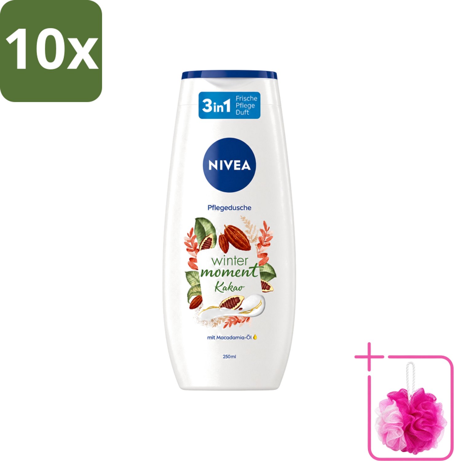 10 x Nivea - Douchegel - Winter Moment Cacao - 250 ml - Bulkverpakking - Douchegel winter - Douchemop - Verzorgende douchegel