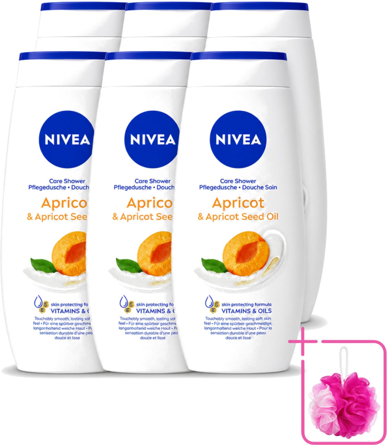 6 x Nivea - Douchegel - Soft Apricot - Huidbeschermend - 250 ml - Bulkverpakking - Douchegel - Douchemop - Huidbeschermend