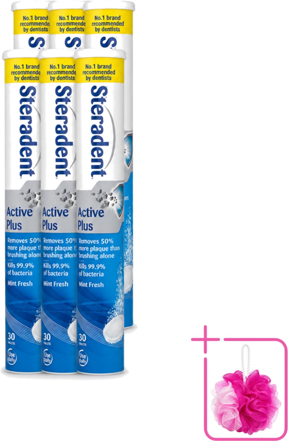 6 x Steradent - Reinigingstabletten - Active Plus - Tegen Tandsteen & Bacteriën - 30 Tabletten - Bulkverpakking - Kunstgebit reinigen - Douchemop - Tandsteen verwijderen