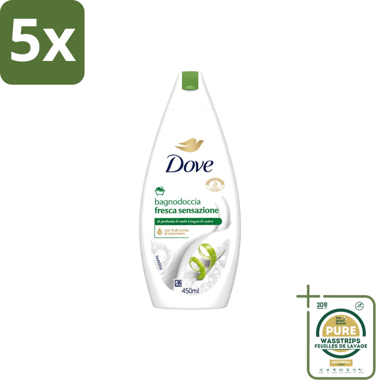 5 x Dove – Douchegel – Fresh Sensation – 450 ml - Wasstrips - Douchegel - Fris Gevoel - Mild Reinigen - Verzorgende Douchegel - Schuimende Douchegel