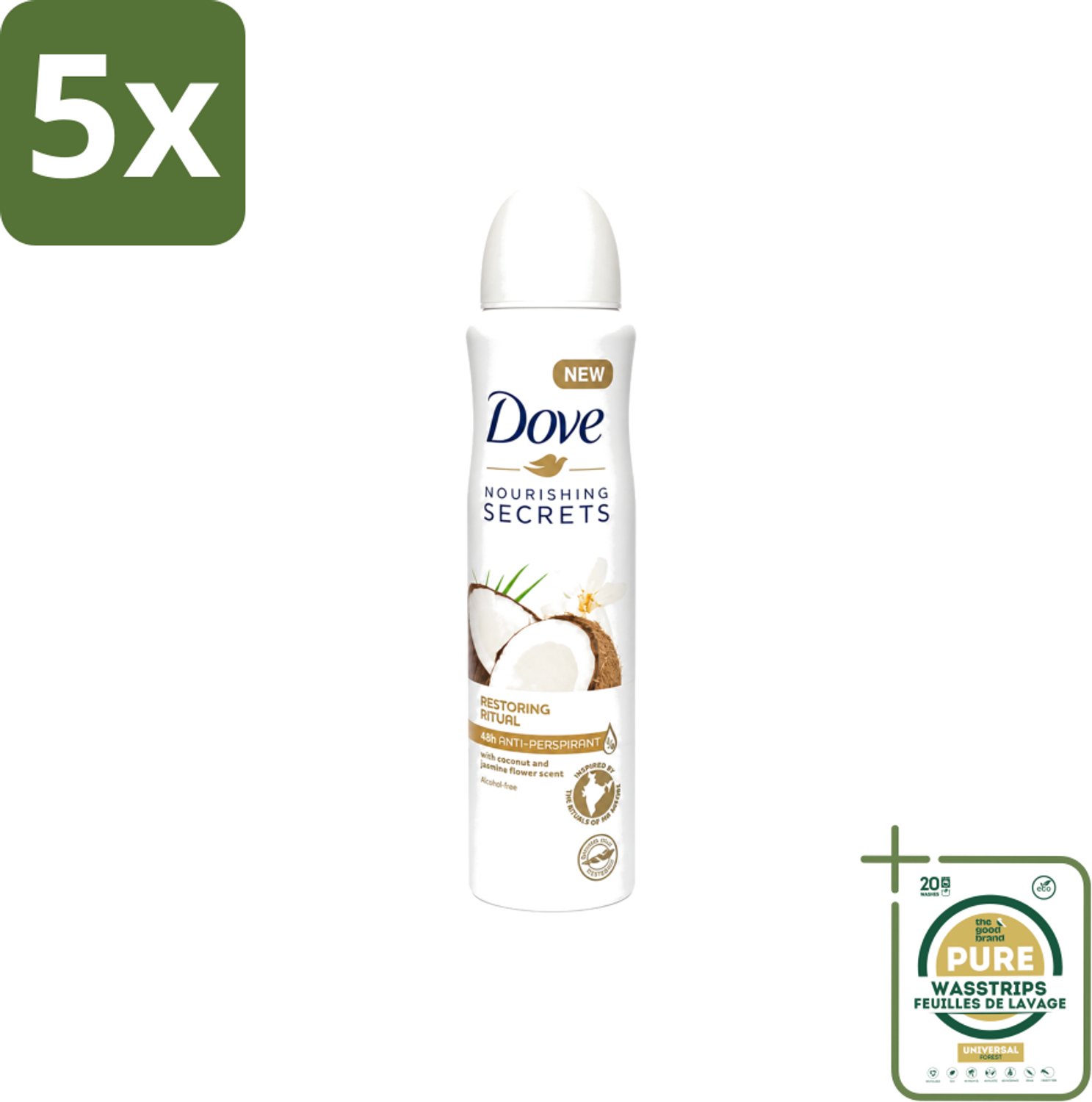 5 x Dove – Deodorant Spray – Restoring Ritual Cocos & Jasmijn – 150 ml - Wasstrips - Deodorant Spray - Kokos En Jasmijn - Alcoholvrije Deodorant - Huidverzorging - Okselverzorging