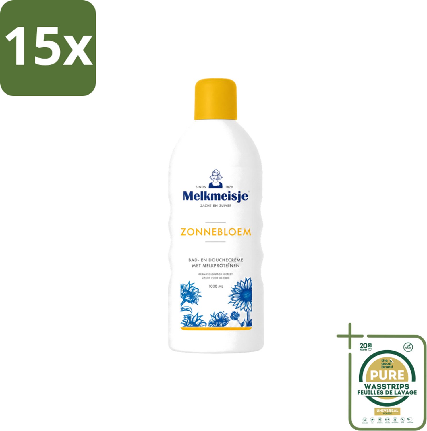 15 x Melkmeisje - Bad & Douche Zonnebloem - Romig Parfum - 1000 ml - Wasstrips - Douchecrème - Melkproteïnen - Zonnebloemextract - Huidverzorging - Fris Parfum