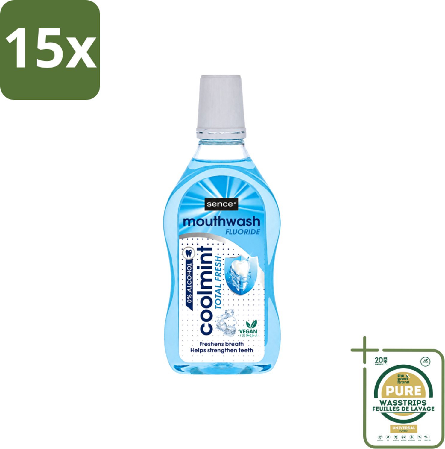 15 x Sence - Fresh Coolmint - Mondwater - Verfrissend - 500 ml - Wasstrips - Mondwater - Frisse Adem - Koele Mint - Fluoride - Gaatjes Voorkomen