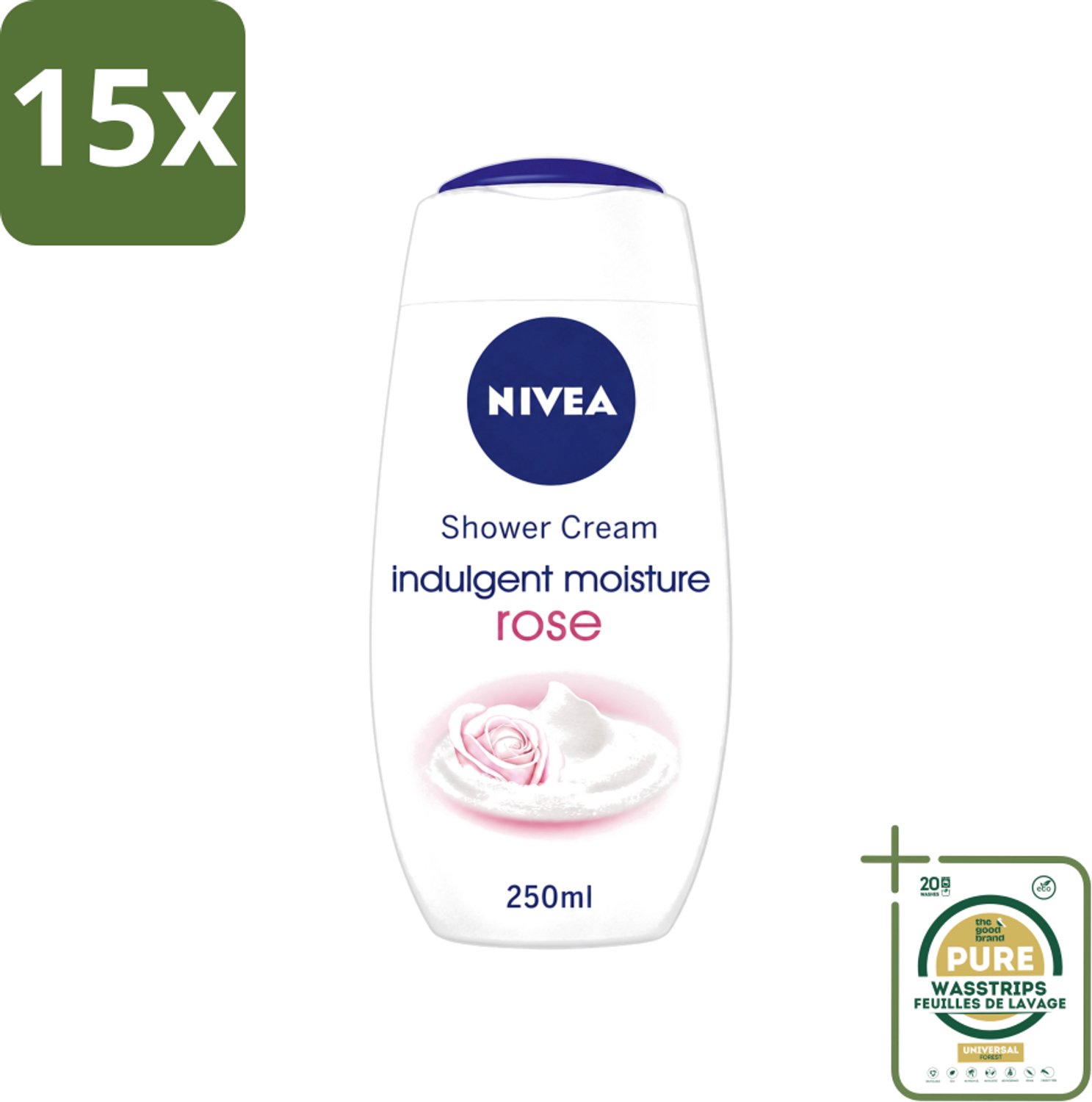 15 x Nivea - Shower Indulgent Moisture Rose Douchecrème - 250 ml - Wasstrips - Douchecrème - Amandelmelk - Rozengeur - Hydraterende Douchecrème - Zachte Huid