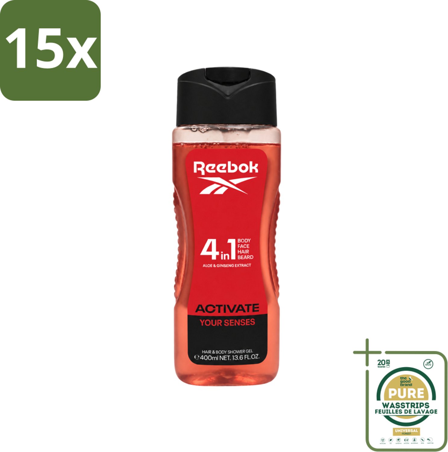 15 x Reebok - Activate Your Senses - Douchegel - 4 in 1 - 400 ml - Wasstrips - Douchegel 4 In 1 - Douchegeur - Scheerschuim - Lichaam Verzorging - Gezicht Verzorging