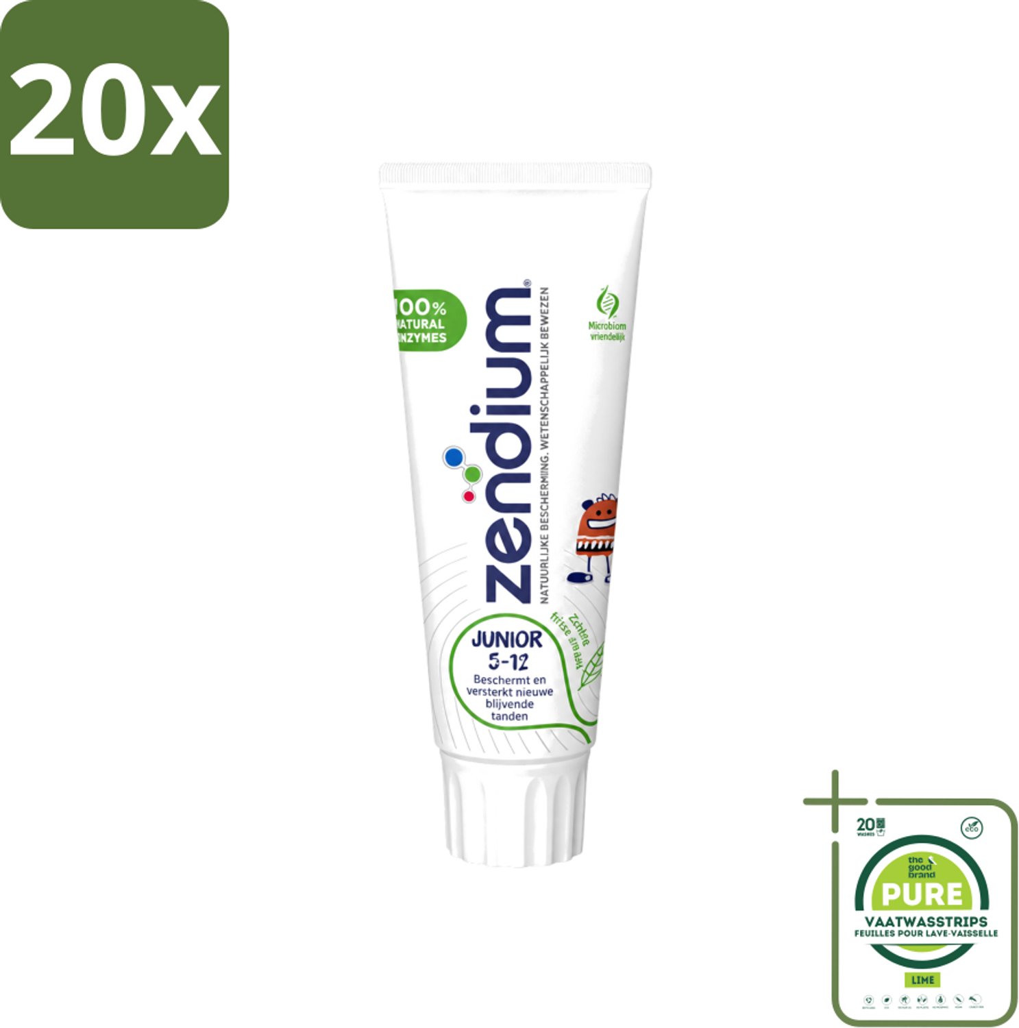 20 x Zendium - Junior 5-12 Jaar - Tandpasta - Natuurlijke Enzymen - 75 ml - Grootverpakking - Vaatwasstrips - Tandpasta Voor Kinderen - Melktanden Beschermen - Natuurlijke Enzymen - Gezonde Mondflora - SLS-vrije Tandpasta