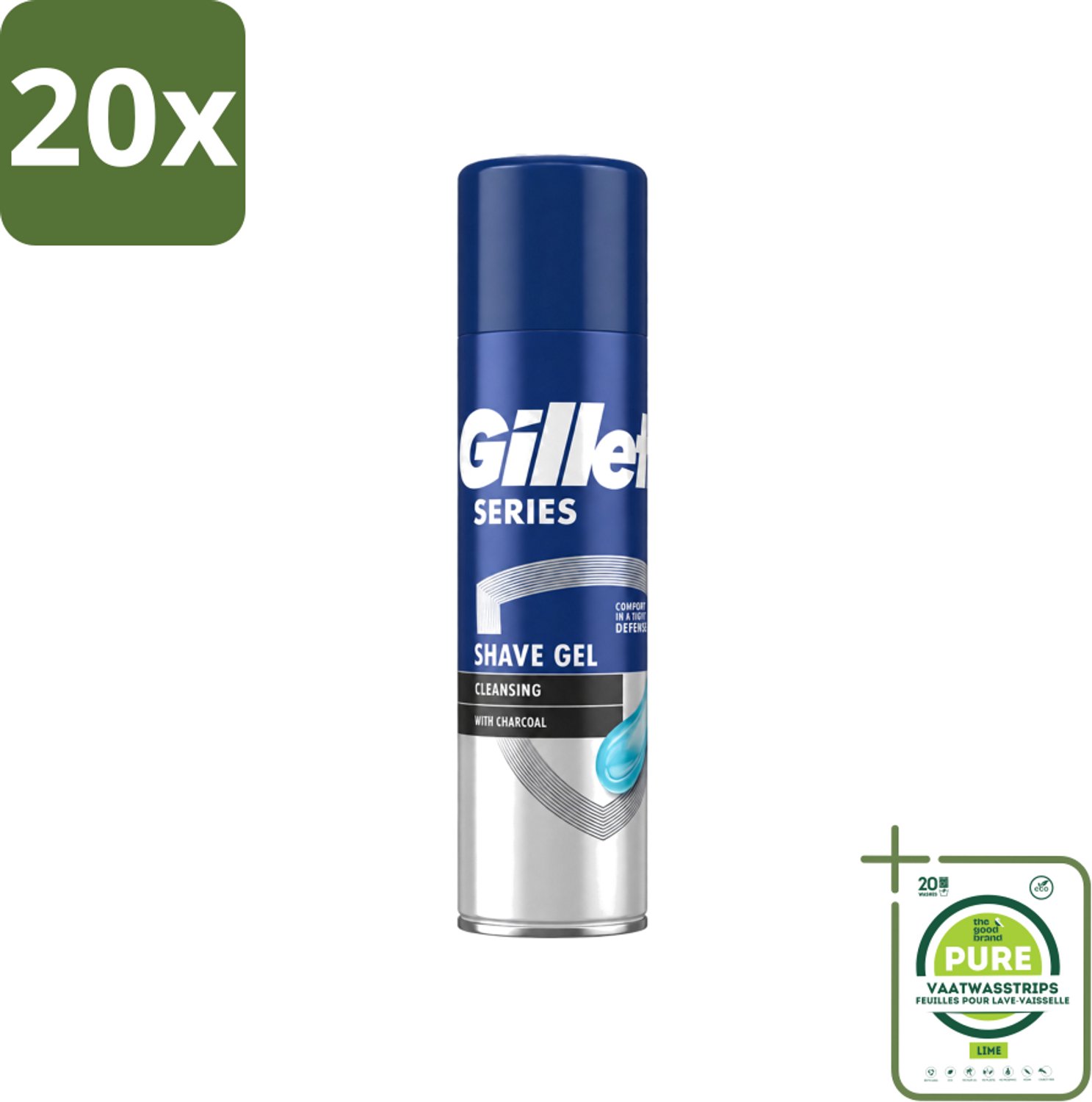 20 x Gillette Series - Scheergel - Cleansing - Charcoal - Verfrissend en reinigend - 200 ml - Grootverpakking - Vaatwasstrips - Scheergel - Houtskool - Menthol - Reinigen - Schuim