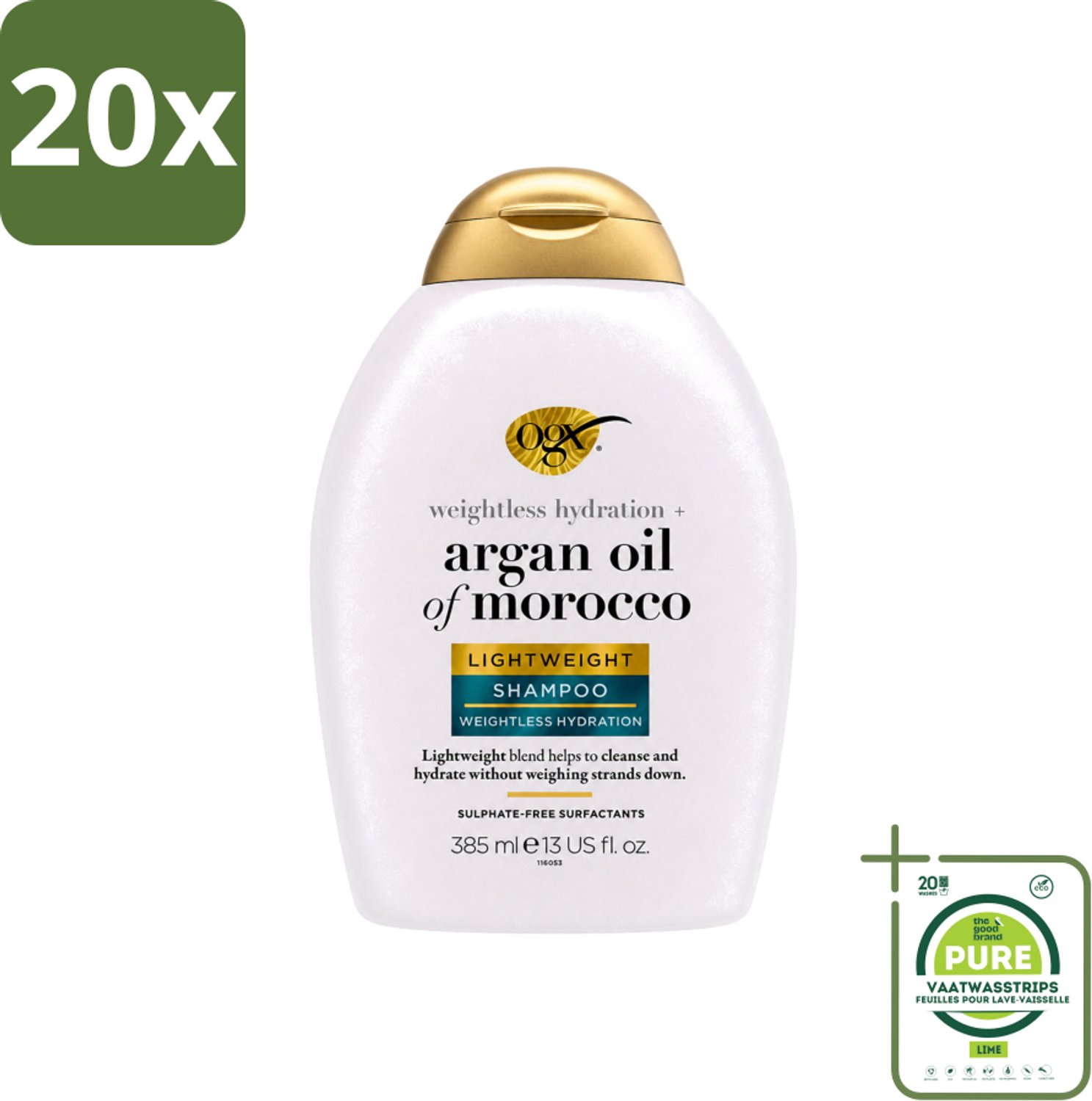 20 x OGX - Argan Oil of Morocco - Shampoo - Lichtgewicht - Voor Dagelijks Gebruik - 385 ml - Grootverpakking - Vaatwasstrips - Luchtige Shampoo - Arganolie Shampoo - Dagelijks Wassen - Gezonde Glans - Haar Verzorging