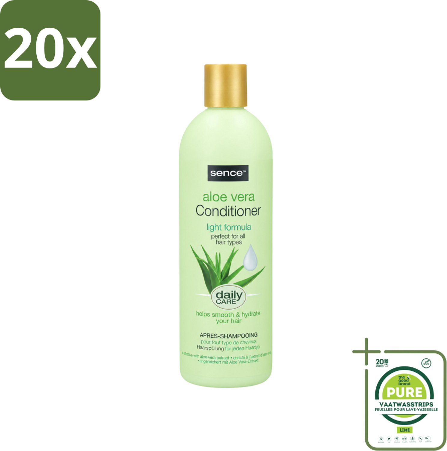 20 x Sence - Aloë Vera - Conditioner - Hydraterend - 400 ml - Grootverpakking - Vaatwasstrips - Aloë Vera Conditioner - Haarhydrateren - Droog Haar Verzorgen - Beschadigd Haar Herstellen - Haar Herstellen