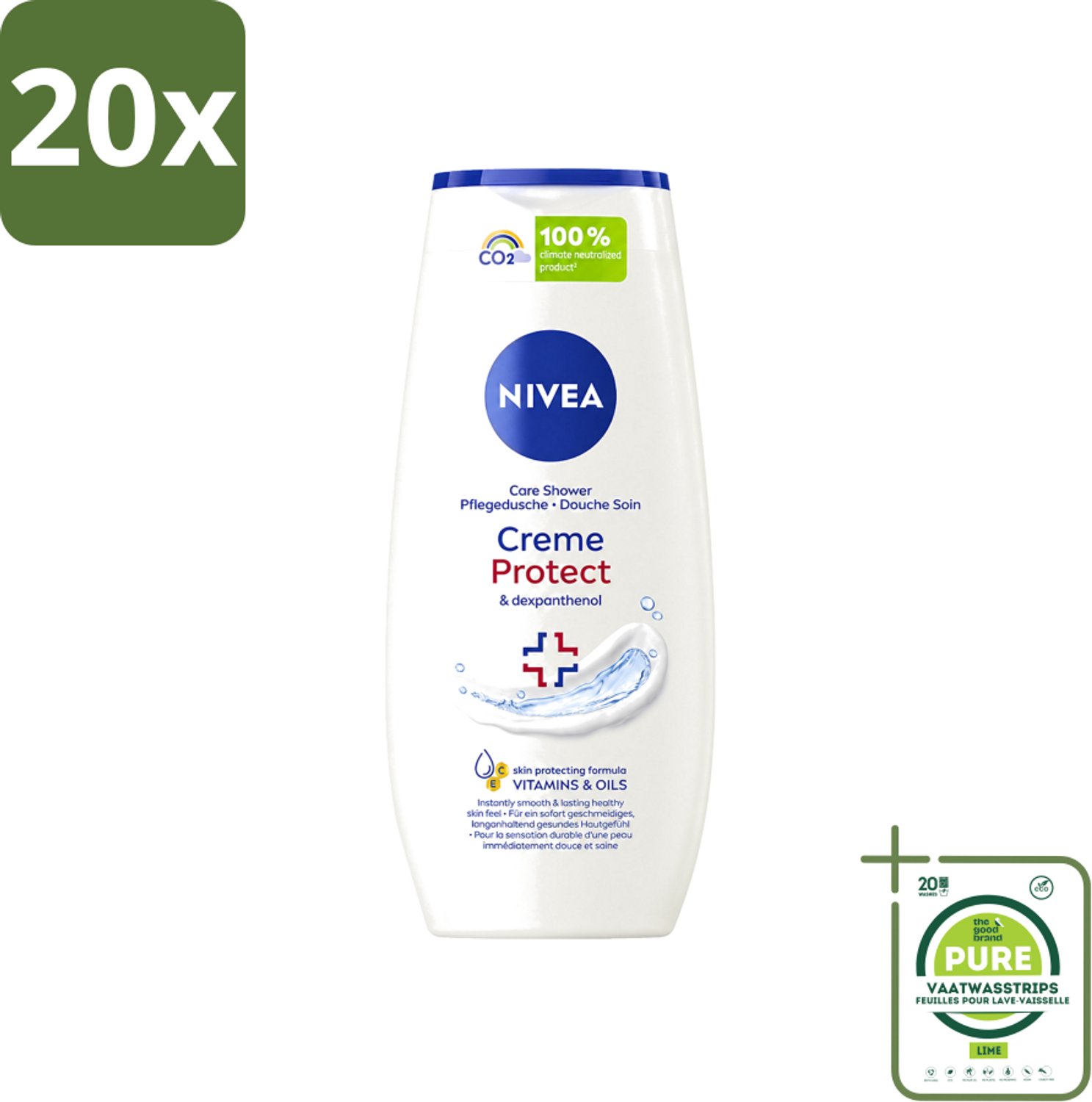 20 x Nivea - Douchegel - Crème Protect & Dexpantenol - Unieke Nivea Crème Geur - 250 ml - Grootverpakking - Vaatwasstrips - Douchegel - Huidverzorging - Vitamine C - Vitamine E - Olijfolie