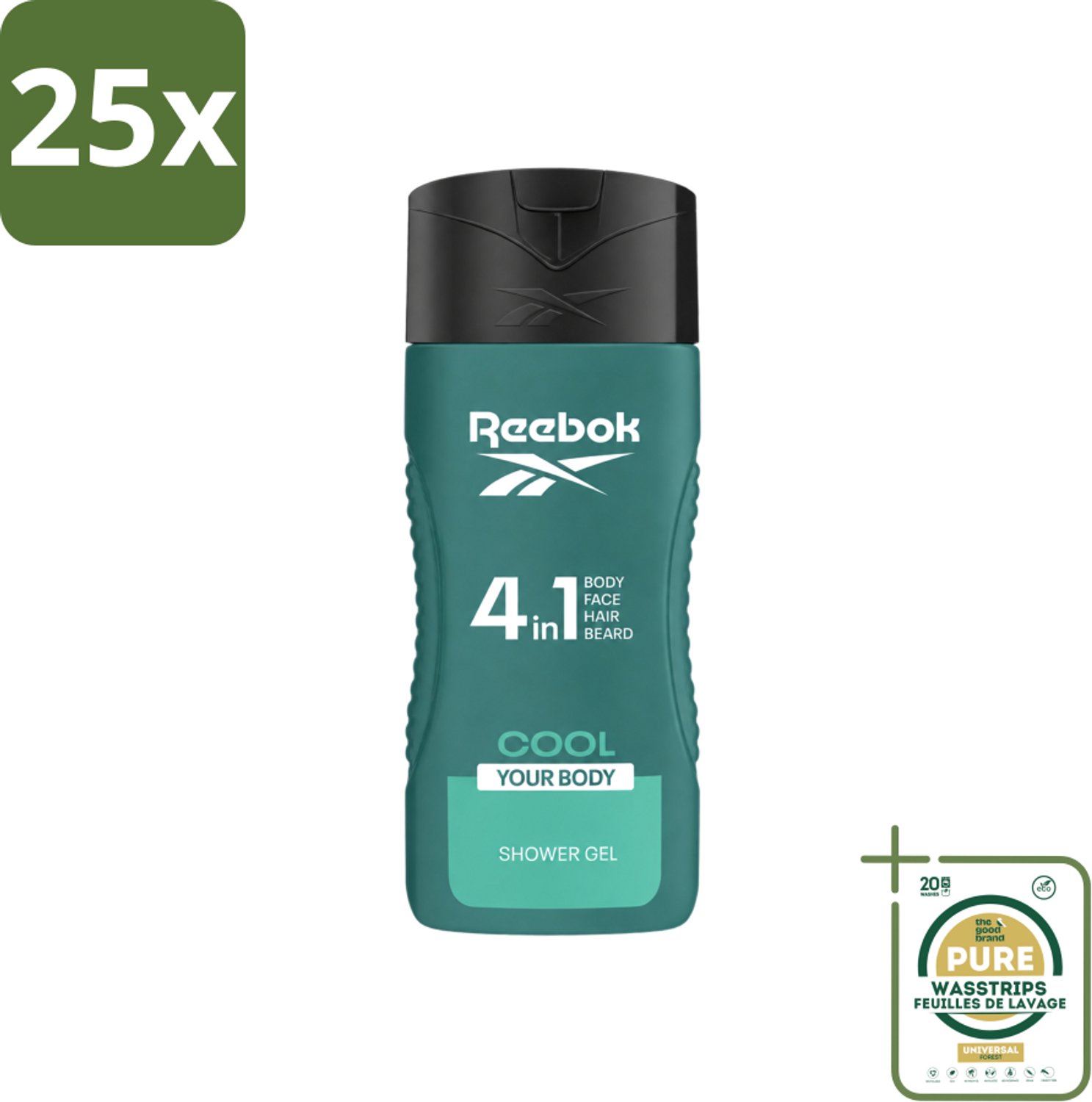 25 x Reebok - Cool Your Body - Douchegel - 4 in 1 - 400 ml - Wasstrips - Douchegel 4 In 1 - Verkoelend Douchegel - Menthol Douchegel - Aloe Vera Douchegel - Gezichtsverzorging