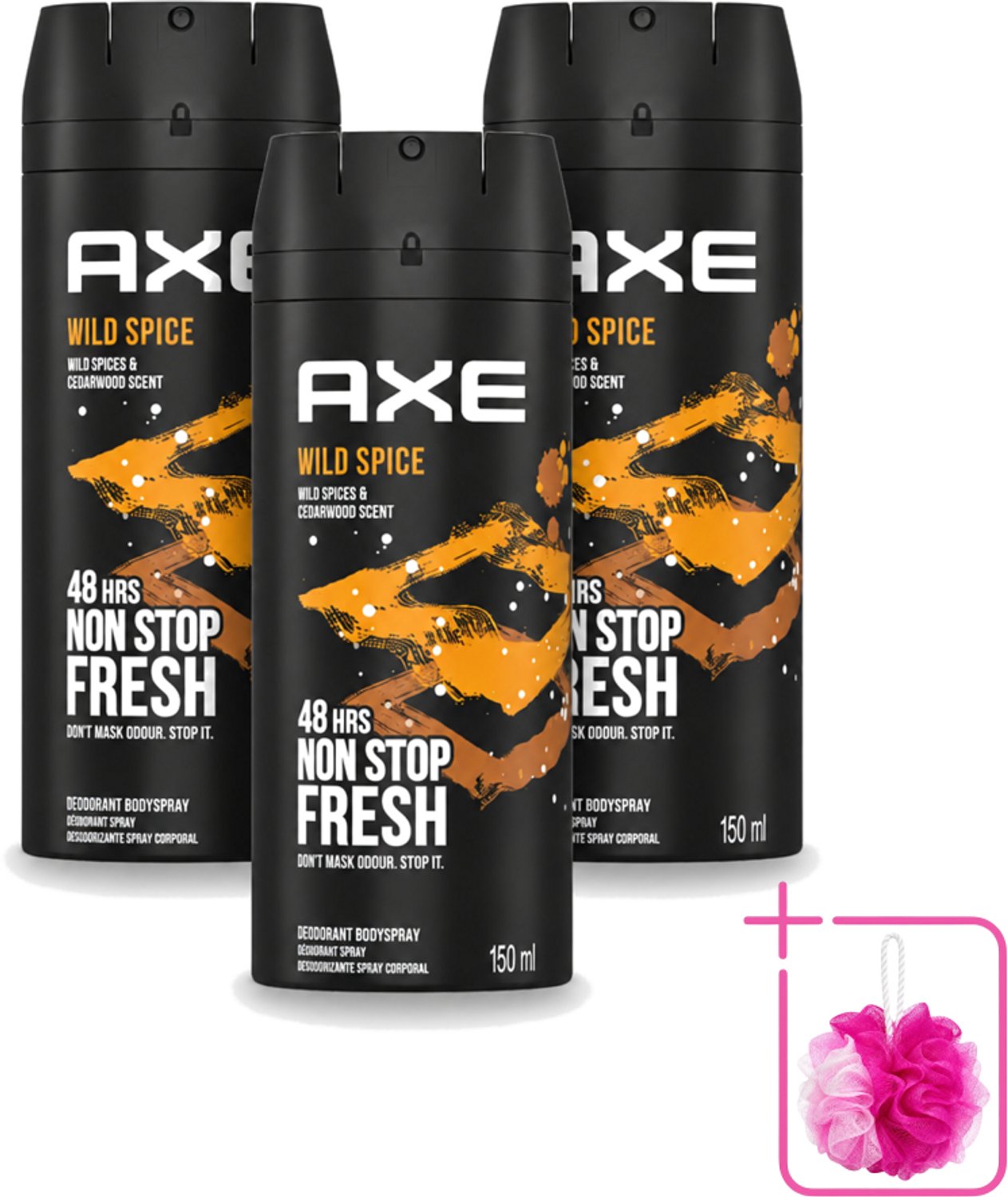 3 x Axe - Deodorant Bodyspray - 48hrs Non Stop Fresh - Wild Spice - Wild Spices & Cedarwood - 150 ml - Bulkverpakking - Deodorant - Douchemop - Bodyspray