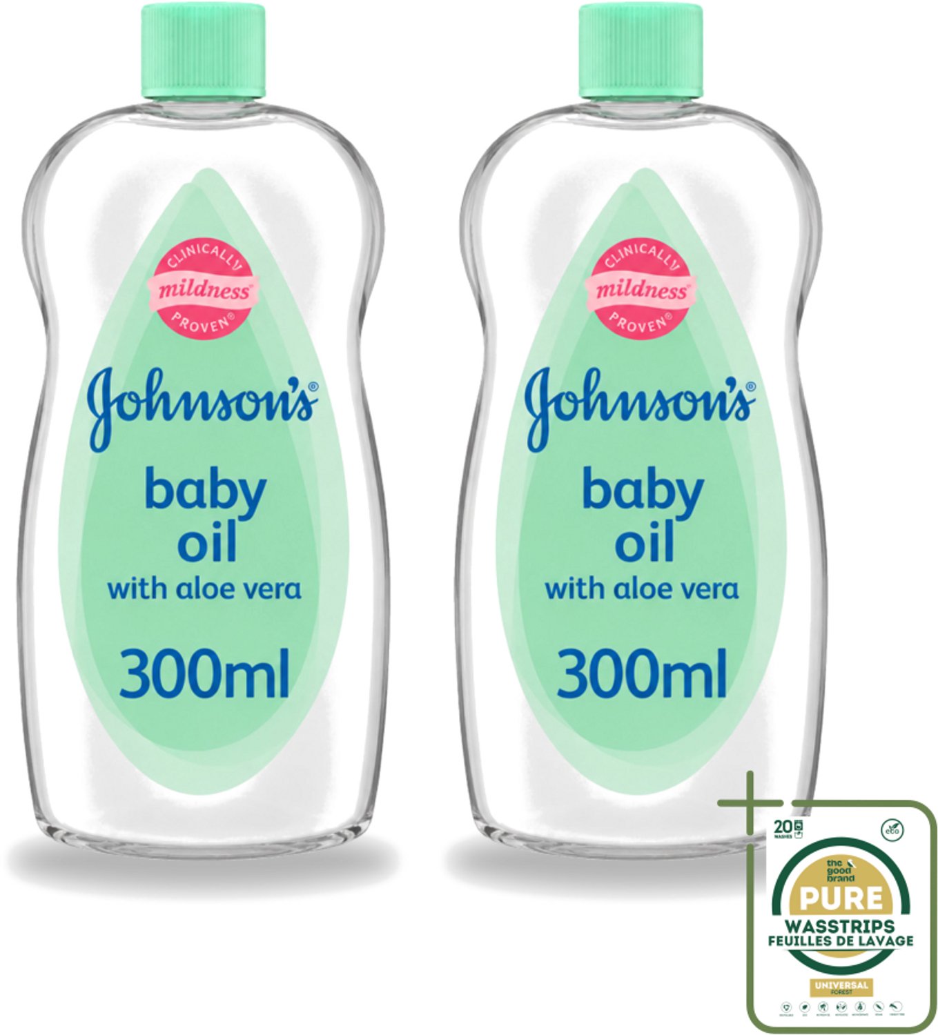 2 x Johnson's - Baby Olie - Aloe Vera - 300 ml - Wasstrips - Babyolie - Aloe Vera - Babyhuid Verzorging - Melkkorst Verwijderen - Hydraterende Olie