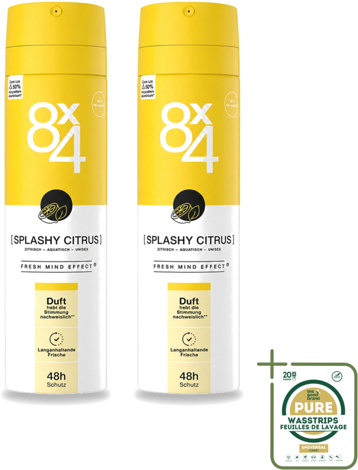 2 x 8 x 4 Deospray - Splashy Citrus - Deodorant - Citrusgeur - 150 ml - Wasstrips - Citrus Deodorant - Energiegeur - Frisse Geur - Zweetbescherming - Huidverzorging