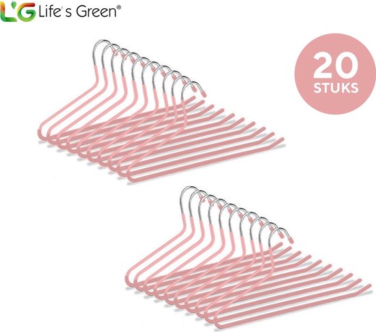 Set van 20 roze metalen kledinghangers met open ontwerp en anti-slip coating.