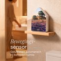 Melodiez geluidshuisje met bewegingssensor op een houten plank in een badkamer.