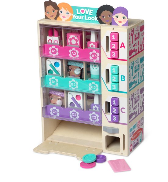 Houten beautykiosk met drie rijen producten, gelabeld A, B en C, en interactieve knoppen in roze, blauw en paars.