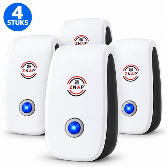 Vier witte ZnaP ultrasone ongedierteverjagers met een blauw lichtje, staand op een witte ondergrond.