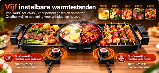 HAVOONA Elektrische Grill & Hotpot 2-in-1 – 2200W – Dubbele Hotpot & Grillplaat – 5 Warmtestanden – Onafhankelijke Temperatuurregeling — afbeelding 5