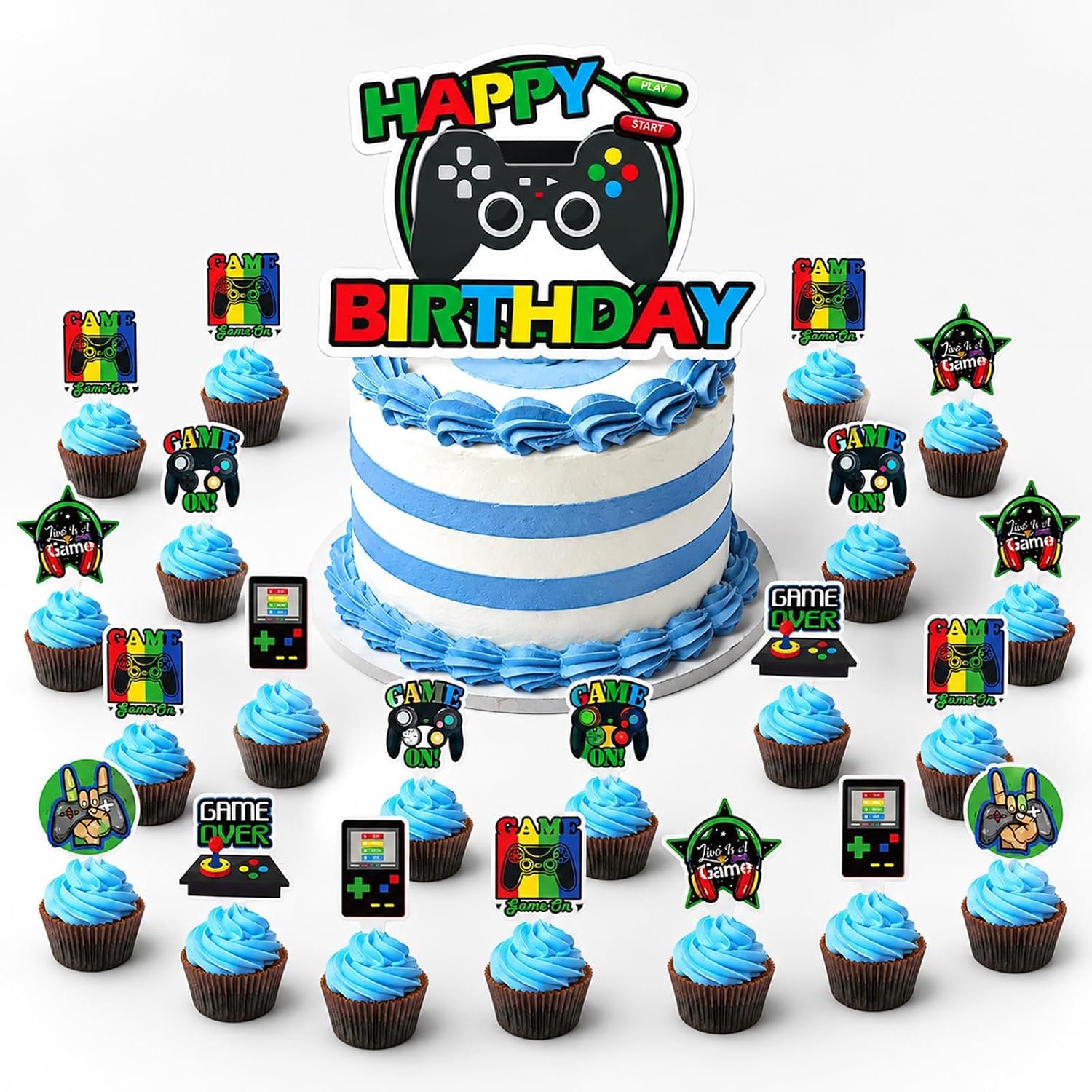 Verjaardagstopper, Happy Birthday taartdecoratie, gamer decoratie, 1 taarttopper en 24 cupcake decoraties voor 10-12 jaar