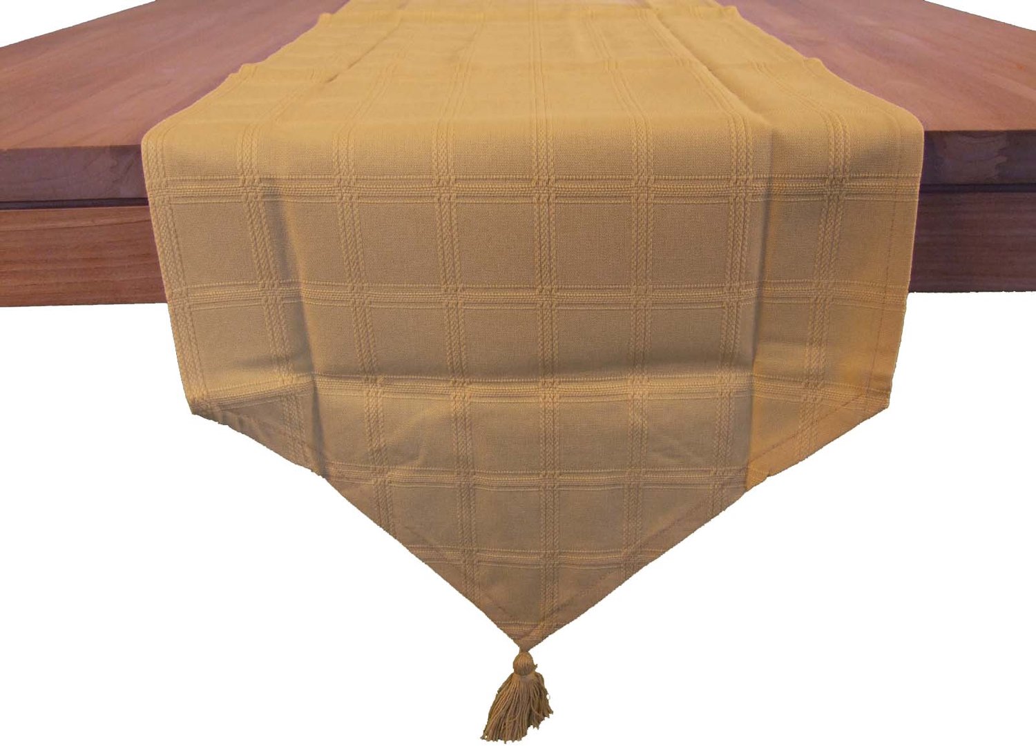 Tafelloper Marlyn - 40 x 140 cm - kleur 5 - okergeel - 100% katoen - met ingeweven blokkenpatroon en kwastjes aan uiteinden