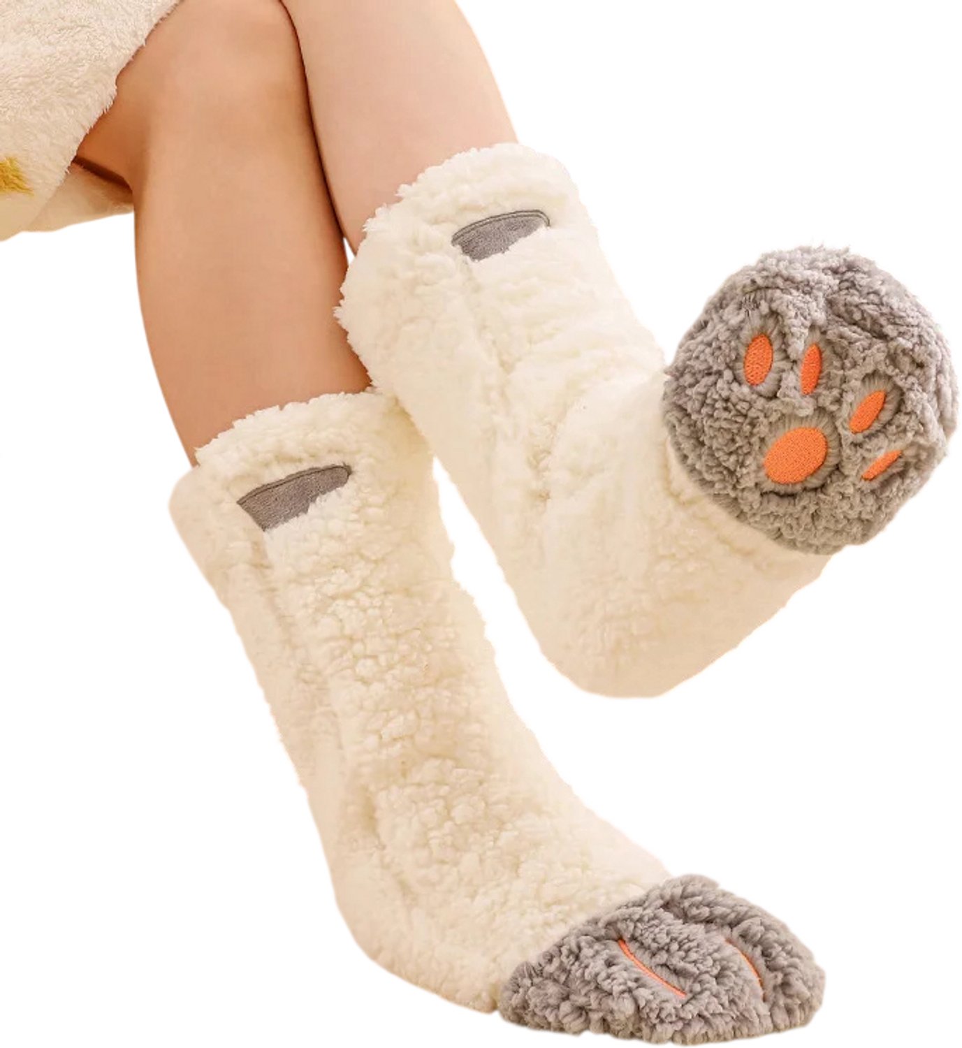 Warme Kattensokken Dames – Dikke Fleece Wintersokken met Kattenpootjes Kawaii Slaapsokken Grappige Lange Sokken en Cosplay Sokken Wit