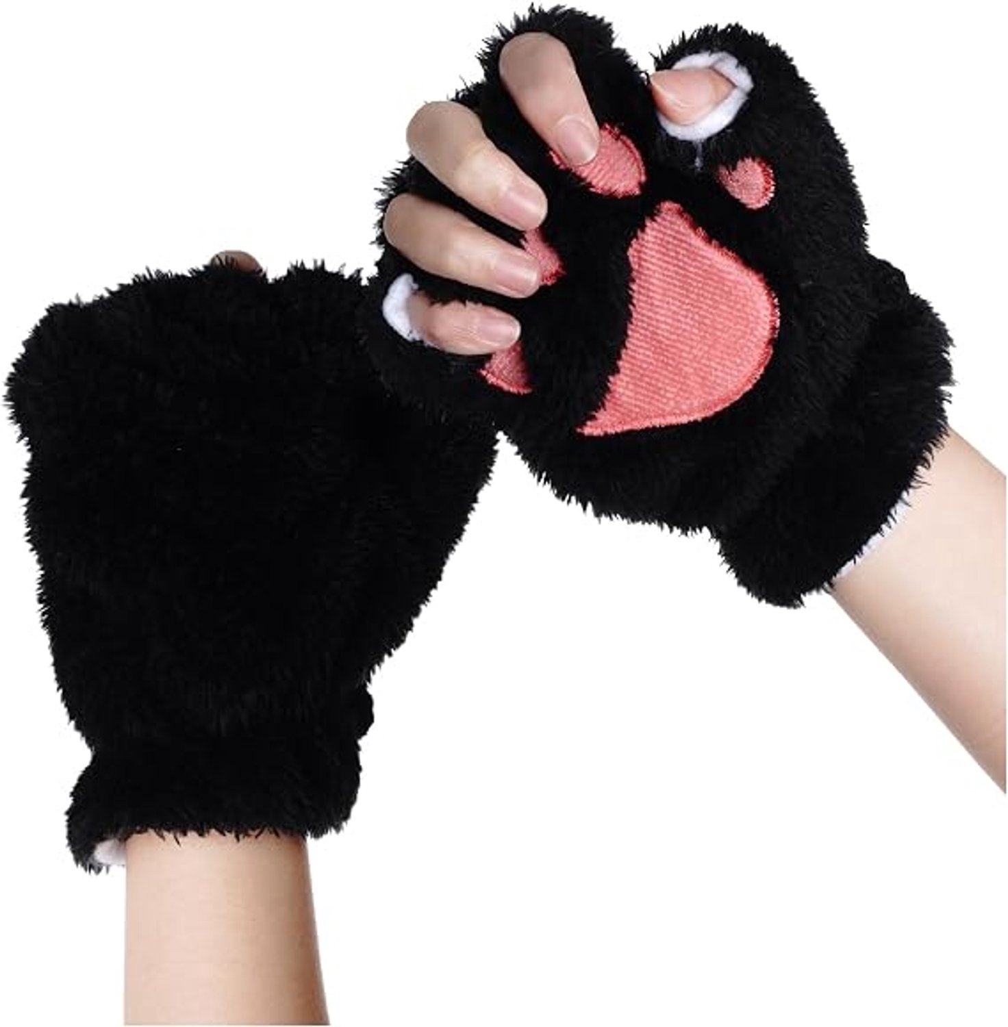 Handschoenen Vingerloze Handschoenen Dames en Meiden Pluche Kattenklauw Winterhandschoenen met Koord Warme Koraalfleece Wanten Schattig Kerstcadeau Zwart