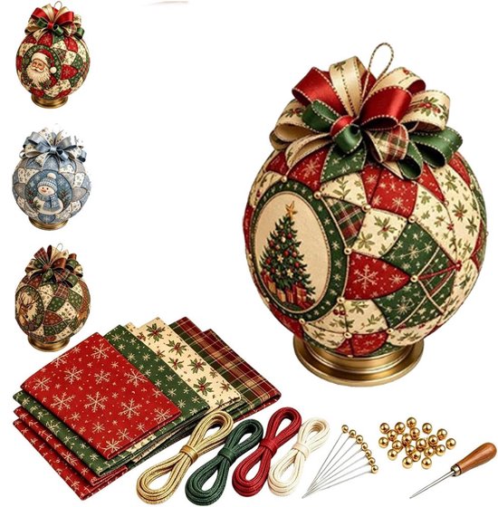 Doe-het-zelfpakket Geschikt Voor stoffen kerstversiering - Kerstornament van stof - Doe-het-zelf kerstknutsels - DIY Patchwork Set - Kerstkrans -DIY Kerstbal Knutselset - 17cm - Handgemaakte kerst patchwork bal - kerstboom