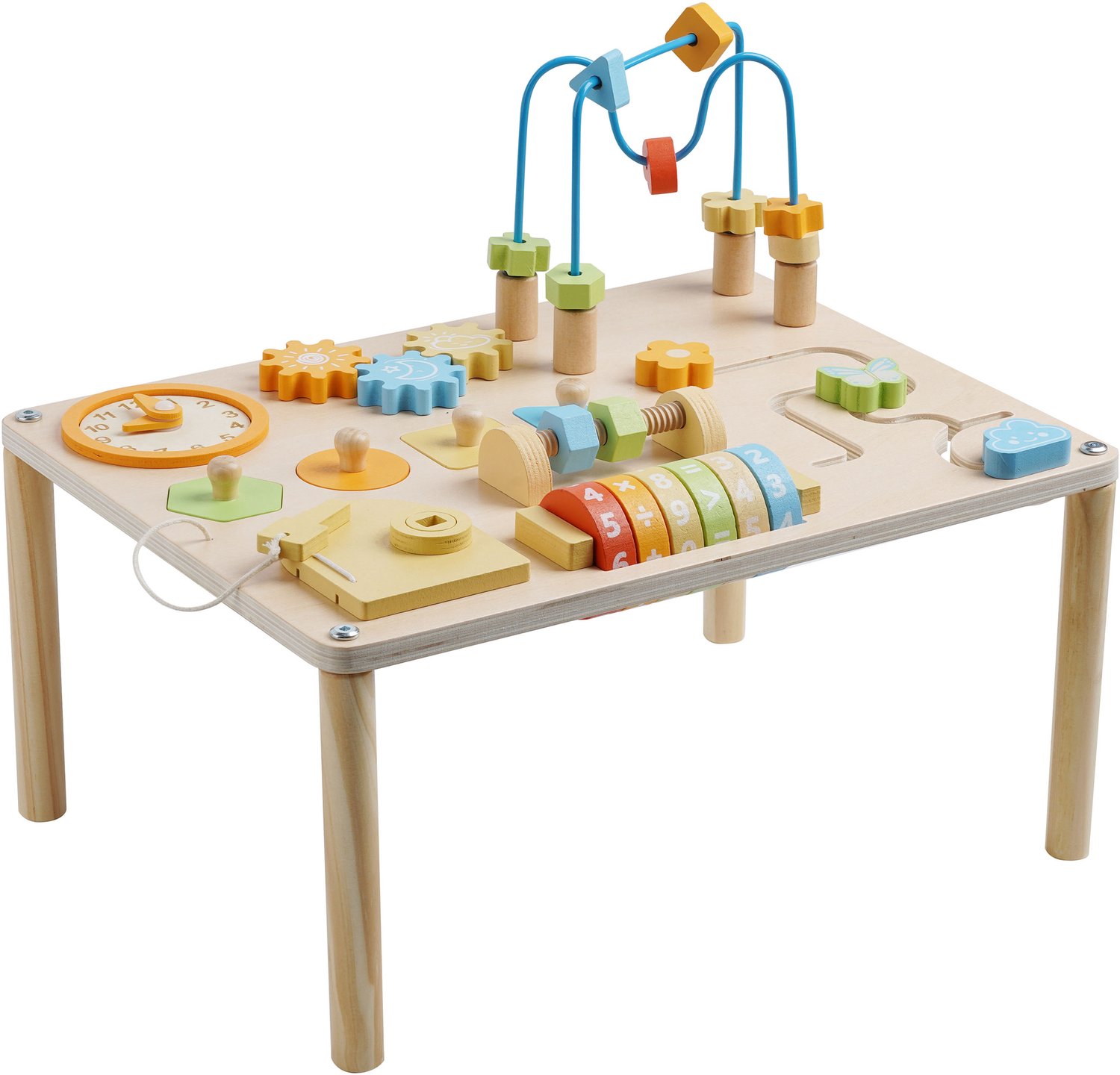 Sunny Maud Houten Speeltafel met Kralenbaan – 42 x 30,5 x 33 cm – Met Kralenbaan, Klok, Tandwielen en Puzzel – Educatieve Speeltafel voor Binnen – Vanaf 3 Jaar