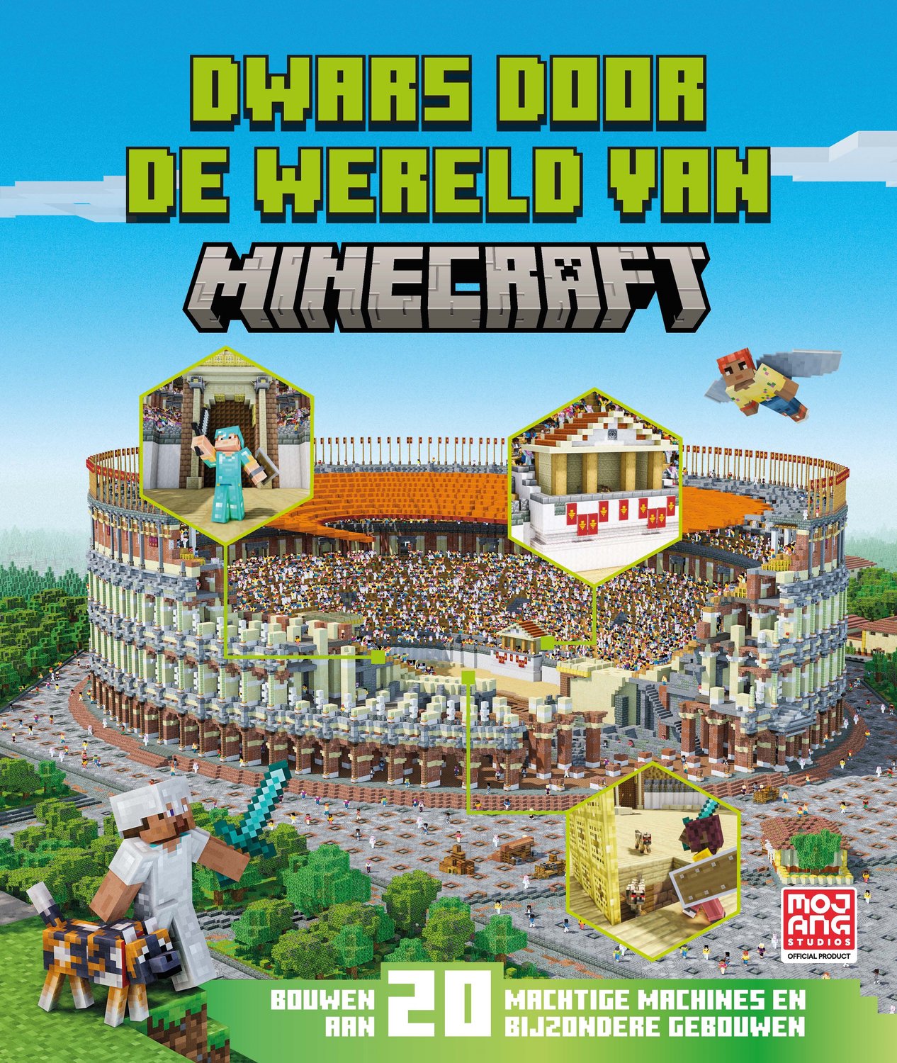 Boekomslag 'Dwars door de wereld van Minecraft' met een groot Romeins amfitheater en Minecraft-figuren.
