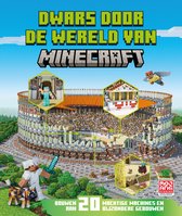 Boekomslag 'Dwars door de wereld van Minecraft' met een groot Romeins amfitheater en Minecraft-figuren.