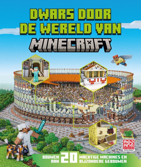 Boekomslag 'Dwars door de wereld van Minecraft' met een groot Romeins amfitheater en Minecraft-figuren.