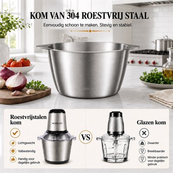 HOMEASY Elektrische Hakmolen 2L - Foodprocessor met RVS Kom - 350W - 4 RVS Messen - 2 Snelheden - Voor Vlees, Groente en Noten — afbeelding 4