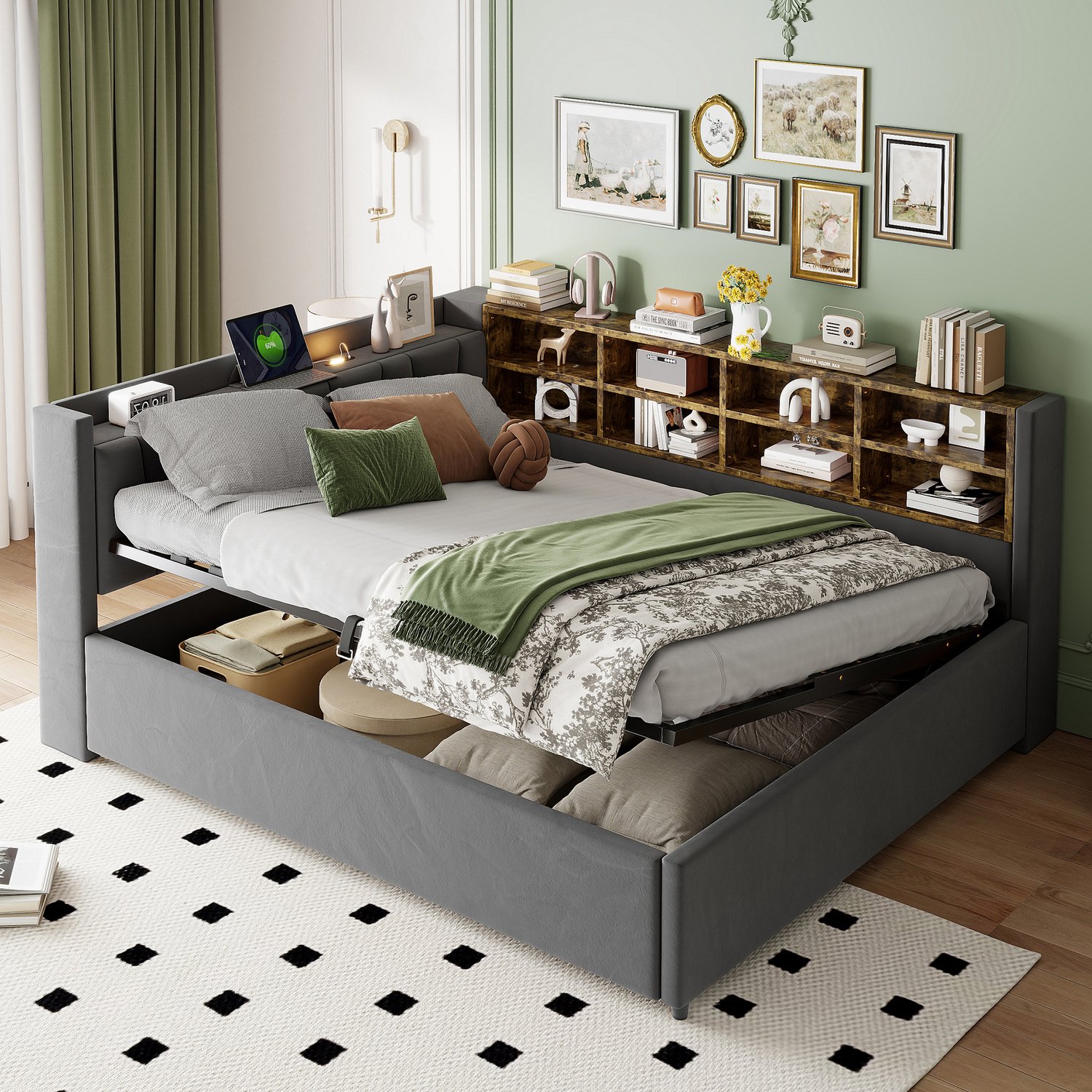 OOIILLEE Gepolsterd bed slaapbank 140*200 cm, met hydraulische opbergruimte, met nachtlampje, USB- en Type-C-oplaadpoorten, met legplanken en opbergvakken, gepolsterd hoofdeinde, multifunctioneel bed van fluweelstof donkergrijs