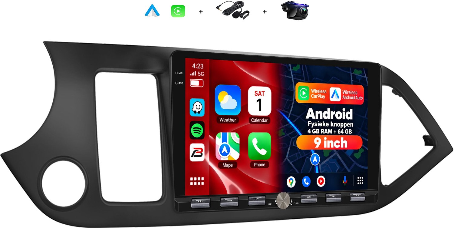 Boscer 2 DIN Android 15 Autoradio - Geschikt voor Kia Picanto (2011–2017) - Draadloos Apple Carplay & Android Auto - 9 inch HD IPS Touchscreen - 4+64GB - GPS Navigatie - WIFI, Bluetooth & USB - Achteruitrijcamera & Microfoon