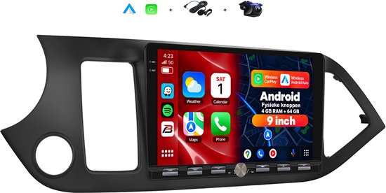 9-inch Android autoradio voor Kia Picanto met touchscreen, draadloze CarPlay, Android Auto, achteruitrijcamera en microfoon.