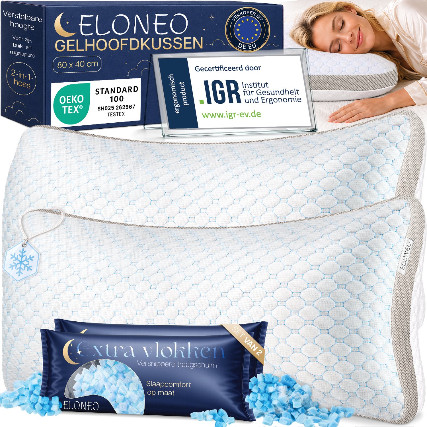 ELONEO Premium Gel Memory Foam hoofdkussen 40x80 cm, ergonomisch, in hoogte verstelbaar, met versnipperde traagschuimvulling