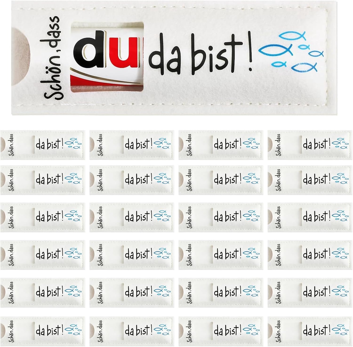 Vilten hoezen 14 x 5 cm - visdesign - 'Schön, dass du da bist' - persoonlijke gastgeschenken - ServiceTopper