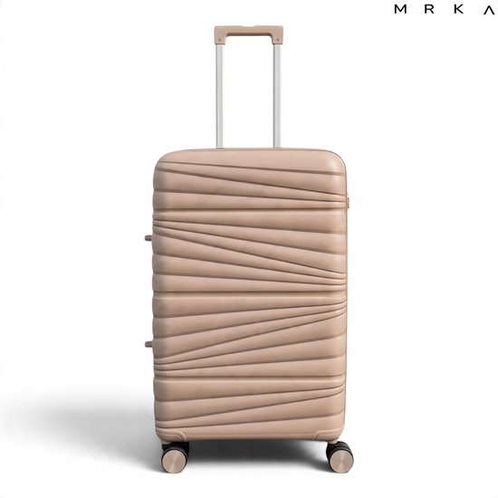 MRKA Santiago handbagagekoffer in taupe met horizontaal golvend reliëf, uitschuifbare handgreep en 360-graden wielen.